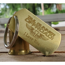 Load image into Gallery viewer, brass bell made of a .50 cal shell with brass tag that says &quot;I love you &quot;
